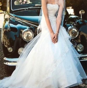 David's Bridal organza split front A-line